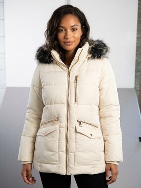 Women’s Cream Puffer Jacket with Faux-Fur Trim Hood